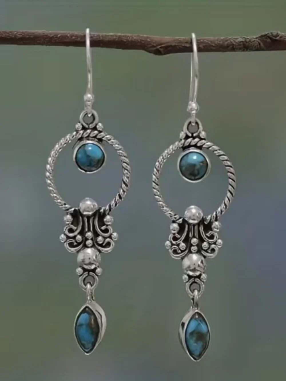 Boho Retro Style Silvertone Drop Earrings with Turquoise Inlaid Stones